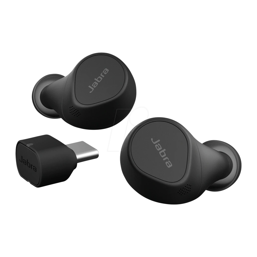 Jabra Evolve2 Buds USB-C UC noir, vue avant: écouteurs true wireless dans étui ouvert avec logo Jabra visible - Ítem3