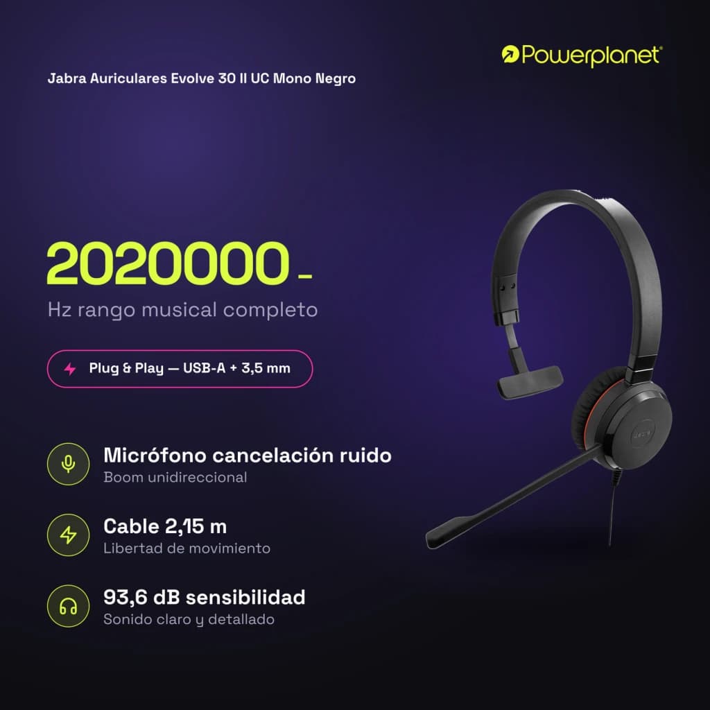 Jabra Auriculares Evolve 30 II UC Mono Negro - caractéristiques