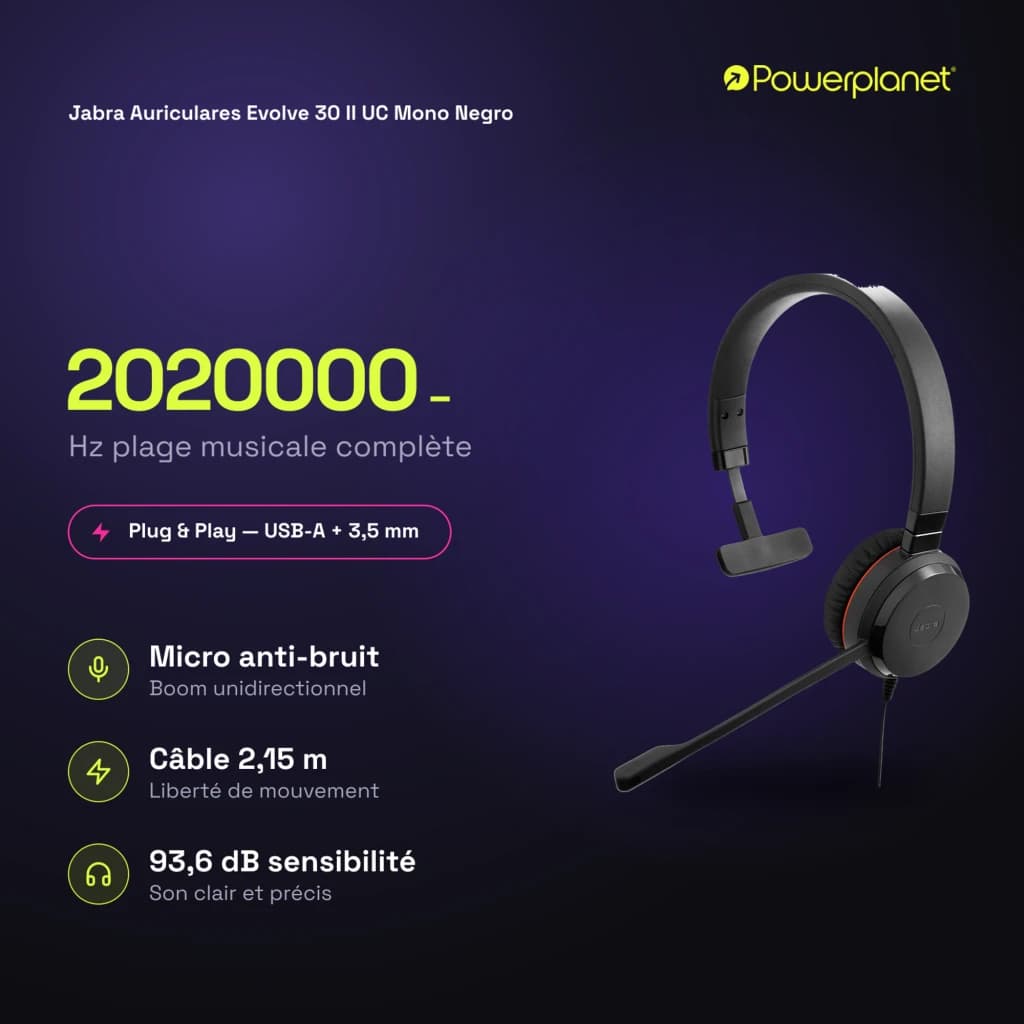 Jabra Auriculares Evolve 30 II UC Mono Negro - caractéristiques