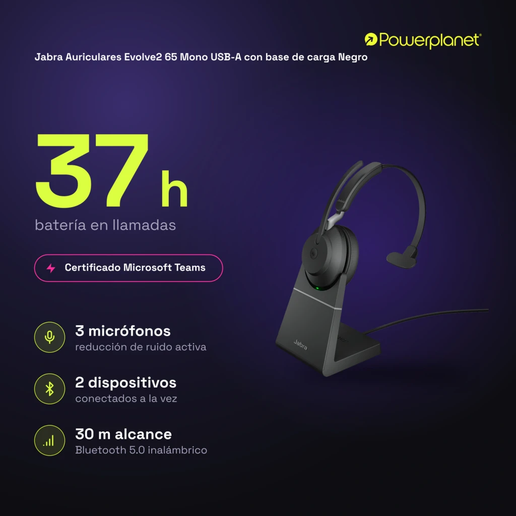 Jabra Evolve2 65 Mono USB-A negro, vista principal: auricular con base de carga y cable USB - Ítem4