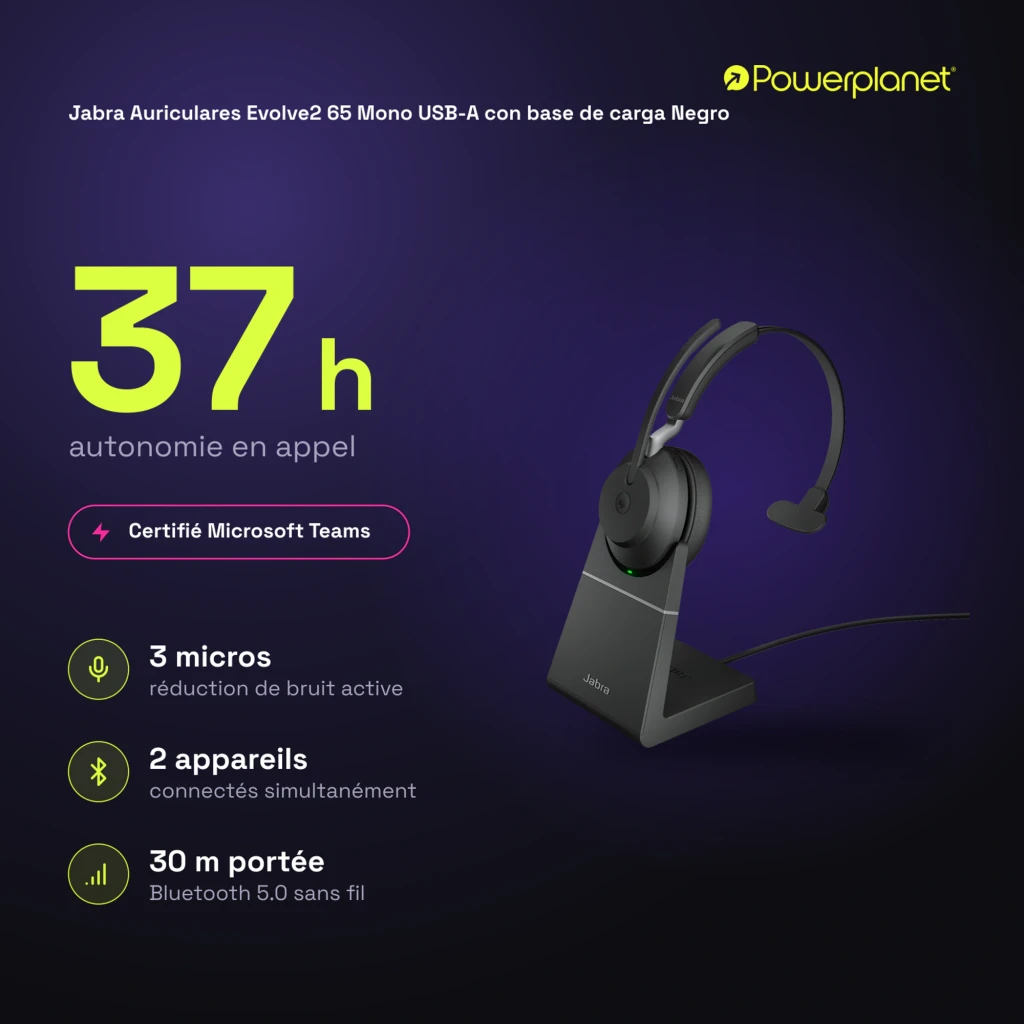 Jabra Evolve2 65 Mono USB-A negro, vista principal: auricular con base de carga y cable USB - Ítem6