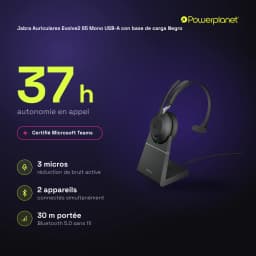 Jabra Auriculares Evolve2 65 Mono USB-A con base de carga noir - caractéristiques