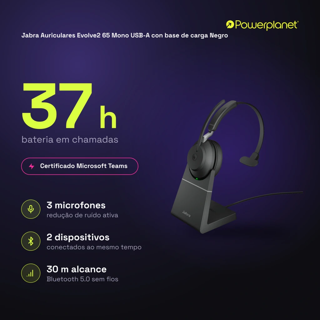 Jabra Evolve2 65 Mono USB-A negro, vista principal: auricular con base de carga y cable USB - Ítem5