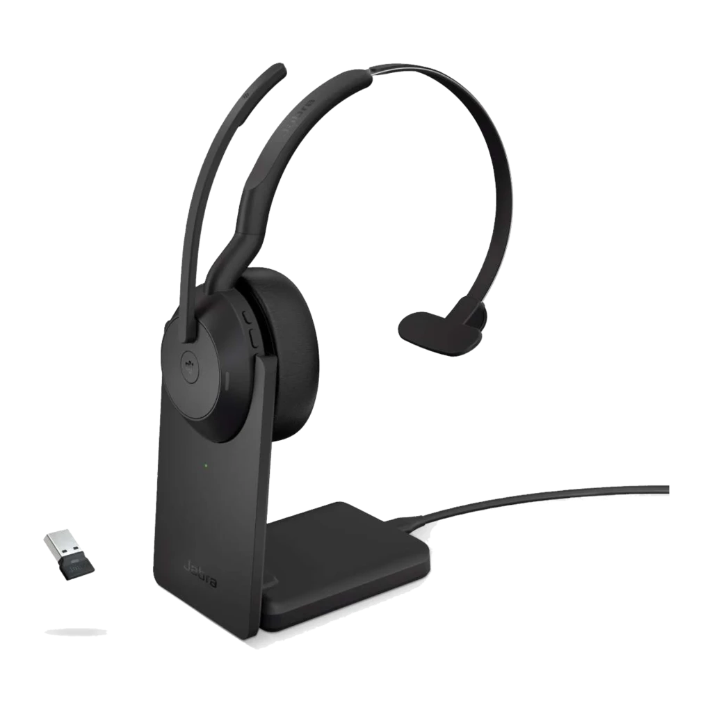 Jabra Evolve2 65 Mono USB-A negro, vista principal: auricular con base de carga y cable USB - Ítem3