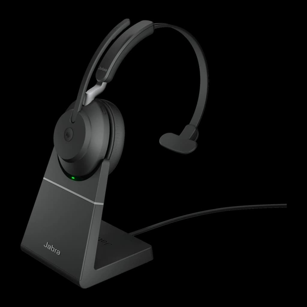 Jabra Evolve2 65 Mono USB-A noir, vue de face: casque avec socle de charge et câble USB