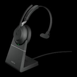 Jabra Evolve2 65 Mono USB-A noir, vue de face: casque avec socle de charge et câble USB