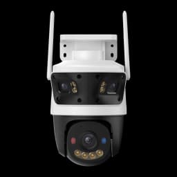 Imou Cruiser Triple 11MP 1TB negro blanco, vista frontal: dos módulos de cámara superiores y PTZ inferior con LEDs