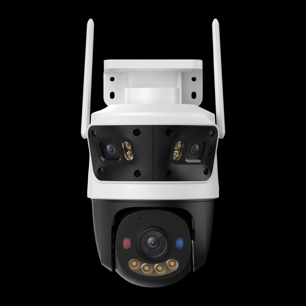 Imou Cruiser Triple 11MP 1TB preto branco, vista frontal: dois módulos de câmera superiores e PTZ inferior com LEDs