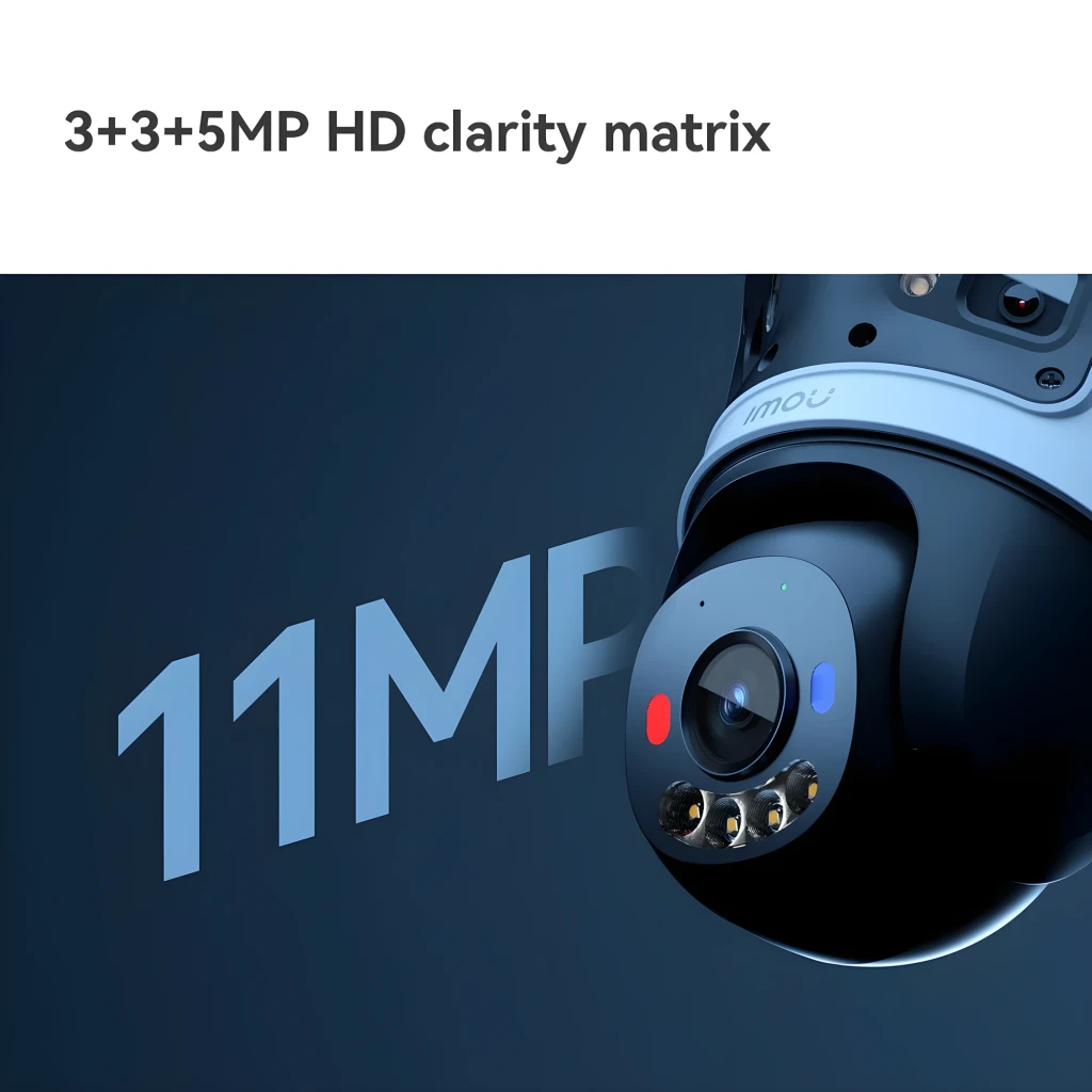 Imou Cruiser Triple 11MP 1TB noir blanc, vue de face: deux modules caméra supérieurs et PTZ inférieur avec LEDs - Ítem3
