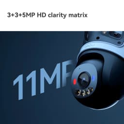 Imou Cruiser Triple 11MP 1TB Negro/Blanco, detalle frontal: módulo de cámaras con lentes y texto 11MP en fondo azul