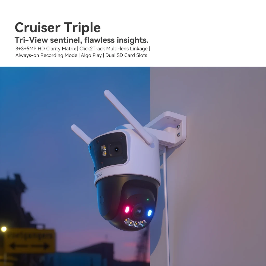 Imou Cruiser Triple 11MP 1TB noir blanc, vue de face: deux modules caméra supérieurs et PTZ inférieur avec LEDs - Ítem4