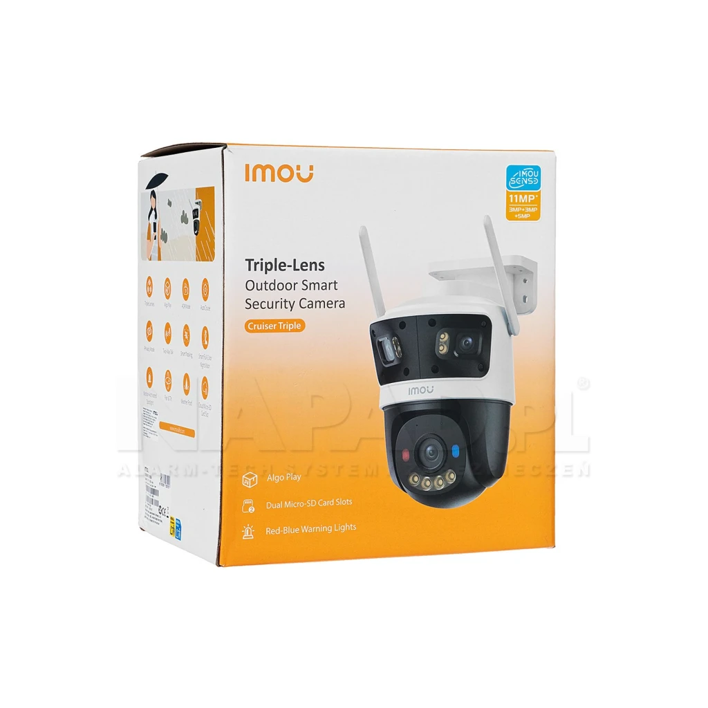Imou Cruiser Triple 11MP 1TB noir blanc, vue de face: deux modules caméra supérieurs et PTZ inférieur avec LEDs - Ítem5