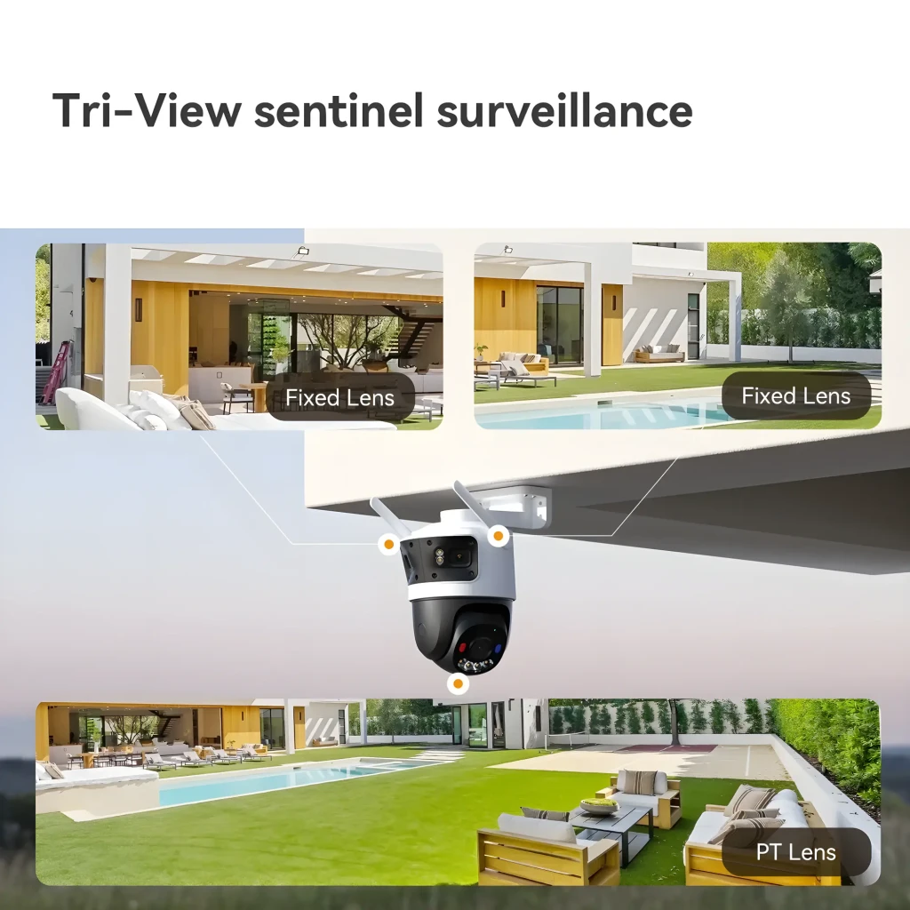 Imou Cruiser Triple 11MP 1TB noir blanc, vue de face: deux modules caméra supérieurs et PTZ inférieur avec LEDs - Ítem6