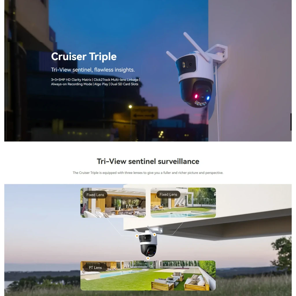 Imou Cruiser Triple 11MP 1TB noir blanc, vue de face: deux modules caméra supérieurs et PTZ inférieur avec LEDs - Ítem7