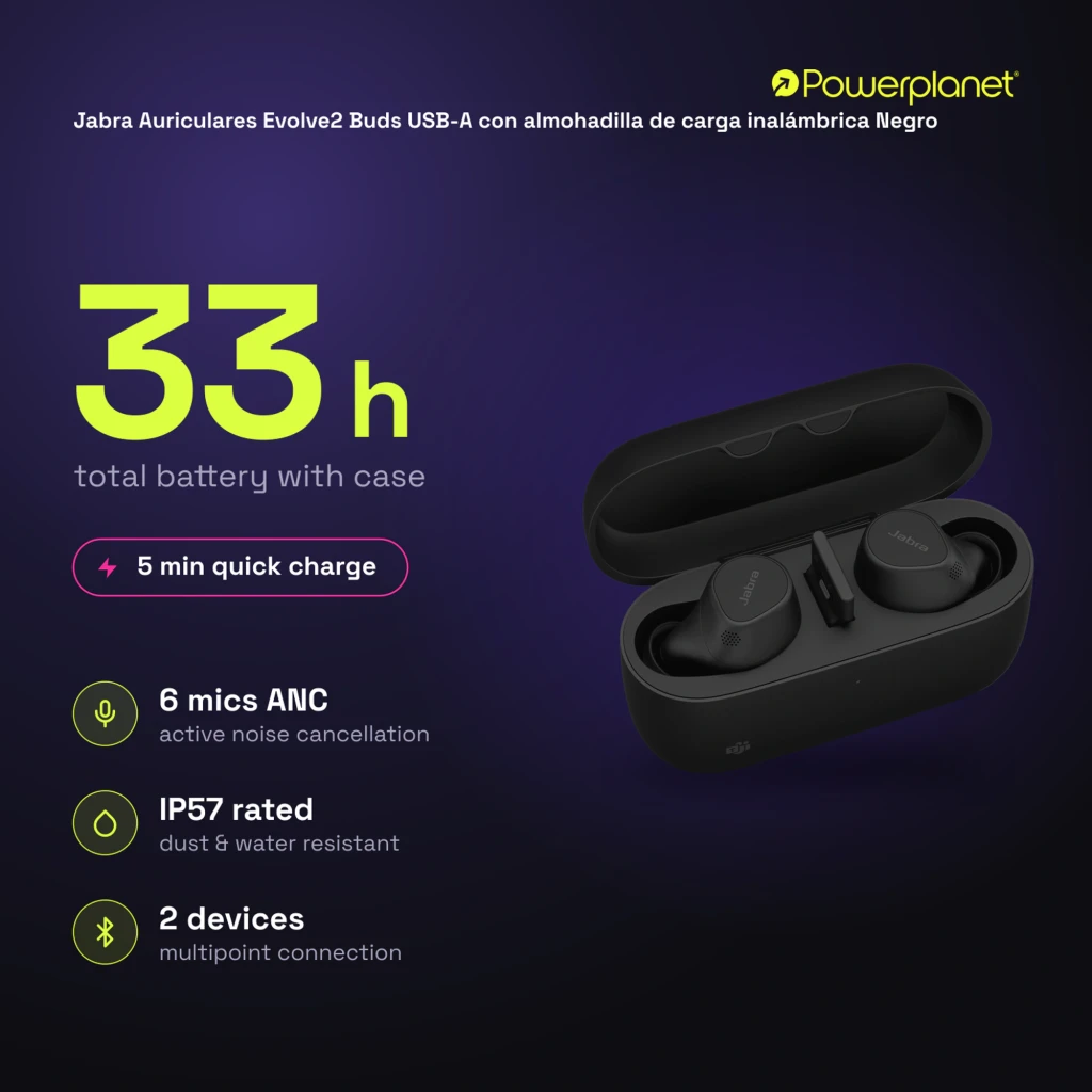 Jabra Evolve2 Buds USB-A noir, vue de face: étui ouvert avec écouteurs et socle de charge - Ítem6