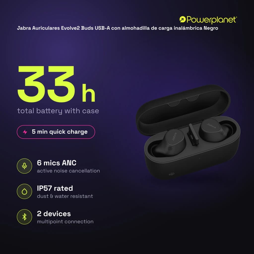 Jabra Auriculares Evolve2 Buds USB-A con almohadilla de carga inalámbrica negro - características
