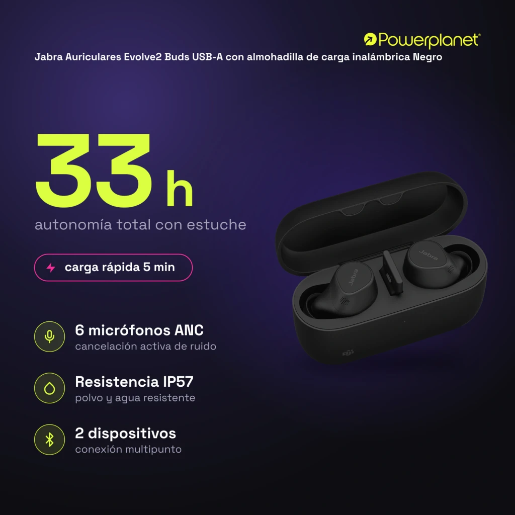 Jabra Evolve2 Buds USB-A noir, vue de face: étui ouvert avec écouteurs et socle de charge - Ítem3
