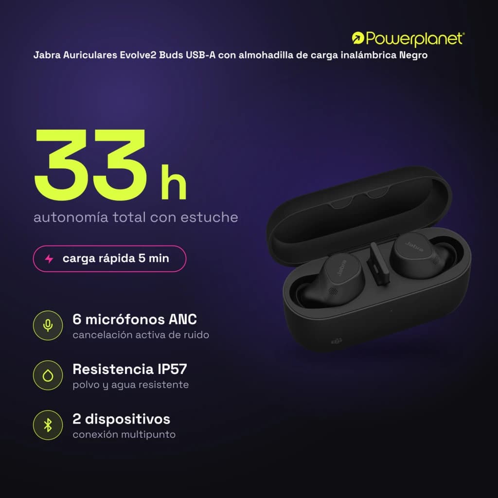 Jabra Auriculares Evolve2 Buds USB-A con almohadilla de carga inalámbrica negro - características