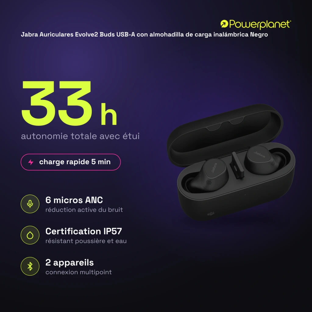 Jabra Evolve2 Buds USB-A noir, vue de face: étui ouvert avec écouteurs et socle de charge - Ítem5