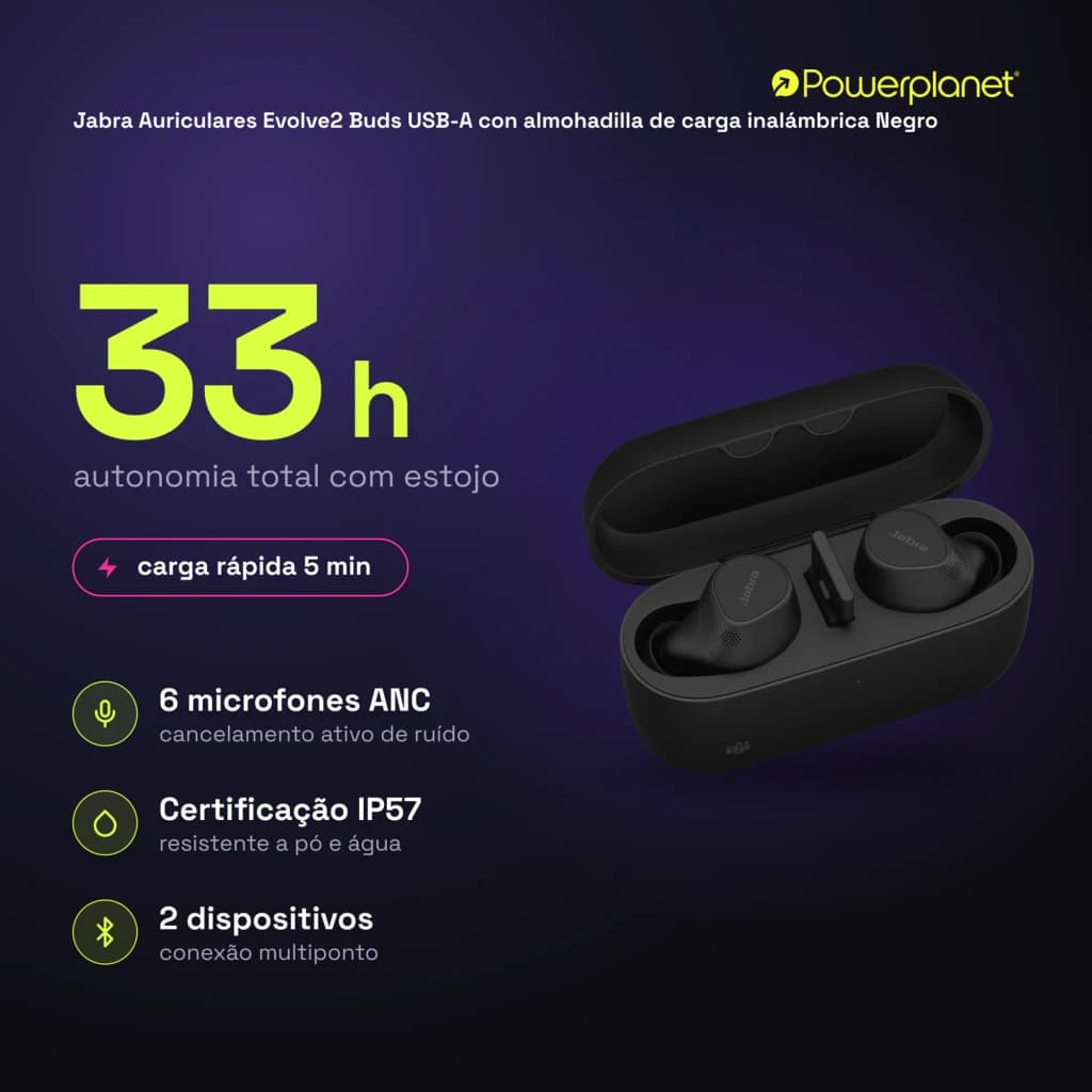 Jabra Auriculares Evolve2 Buds USB-A con almohadilla de carga inalámbrica negro - características