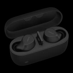 Jabra Evolve2 Buds USB-A negro, vista frontal: estuche abierto con auriculares y almohadilla de carga