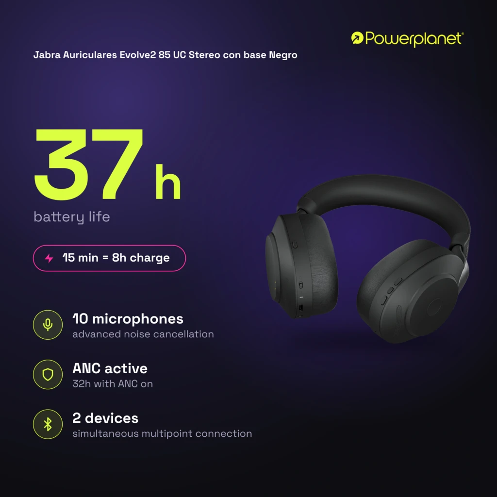 Jabra Evolve2 85 UC Stereo negro, vista frontal: auriculares con diadema y almohadillas - Ítem7