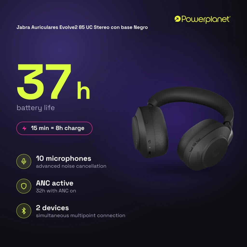 Jabra Auriculares Evolve2 85 UC Stereo con base negro - características