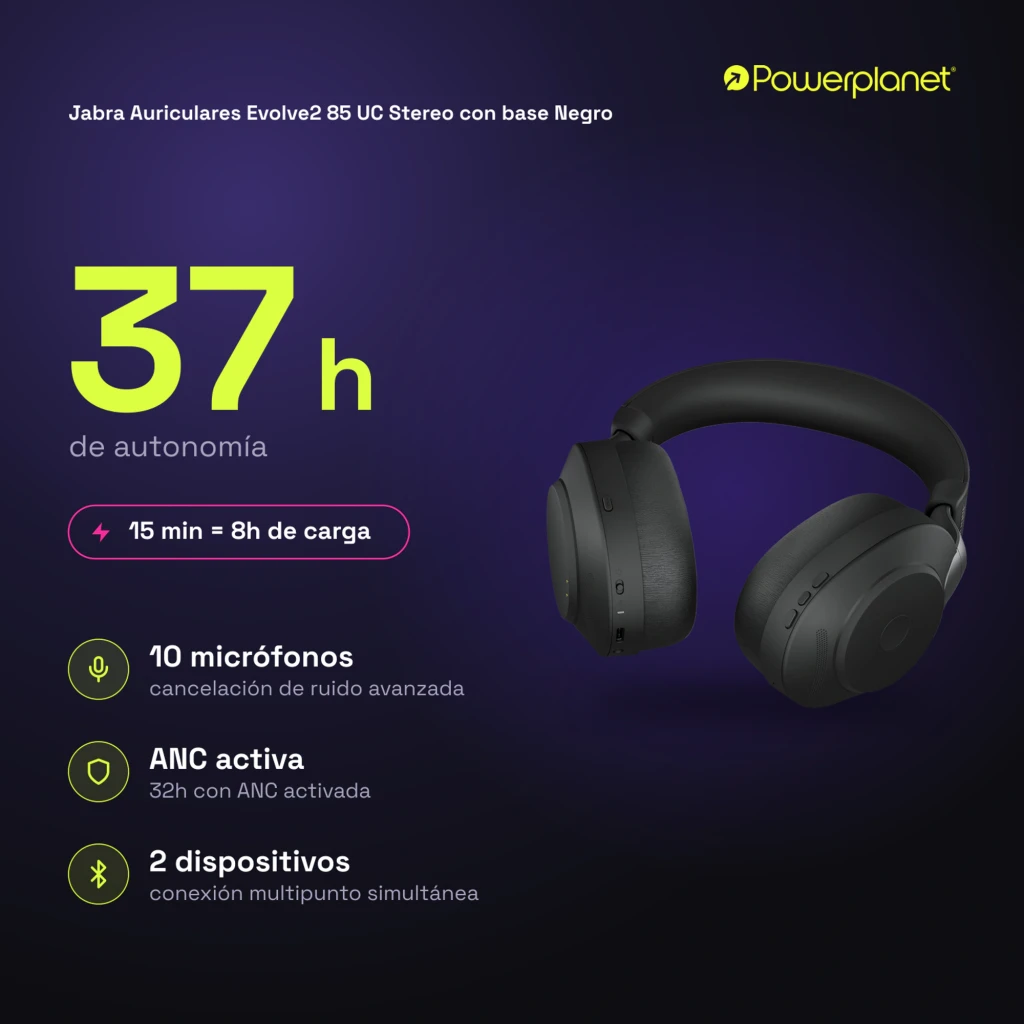 Jabra Evolve2 85 UC Stereo negro, vista frontal: auriculares con diadema y almohadillas - Ítem4
