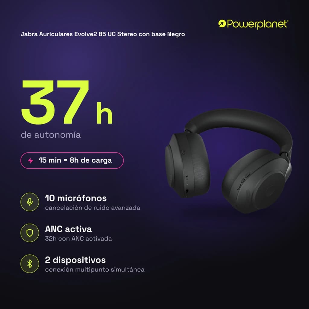 Jabra Auriculares Evolve2 85 UC Stereo con base negro - características