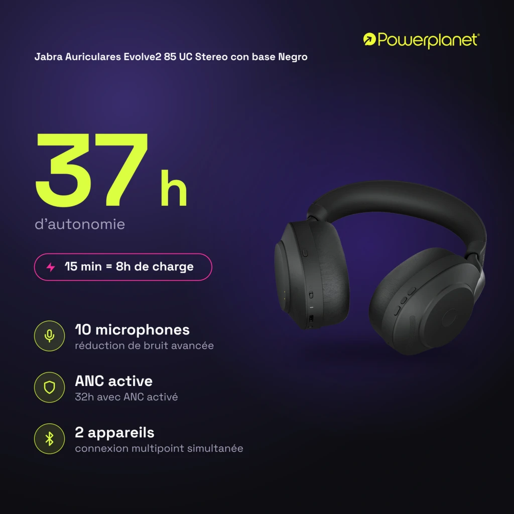 Jabra Evolve2 85 UC Stereo negro, vista frontal: auriculares con diadema y almohadillas - Ítem6