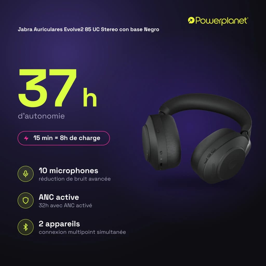 Jabra Auriculares Evolve2 85 UC Stereo con base negro - características