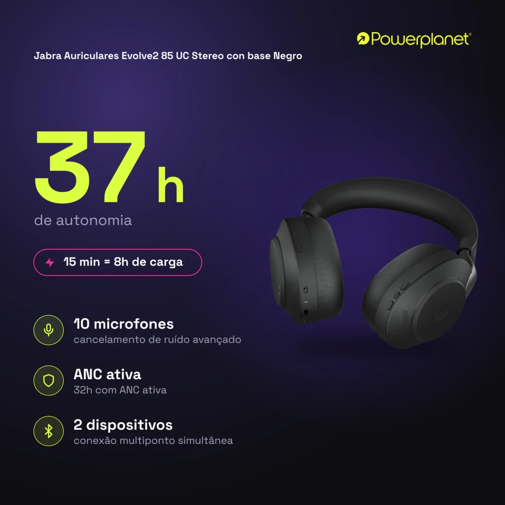 Jabra Evolve2 85 UC Stereo negro, vista frontal: auriculares con diadema y almohadillas - Ítem5