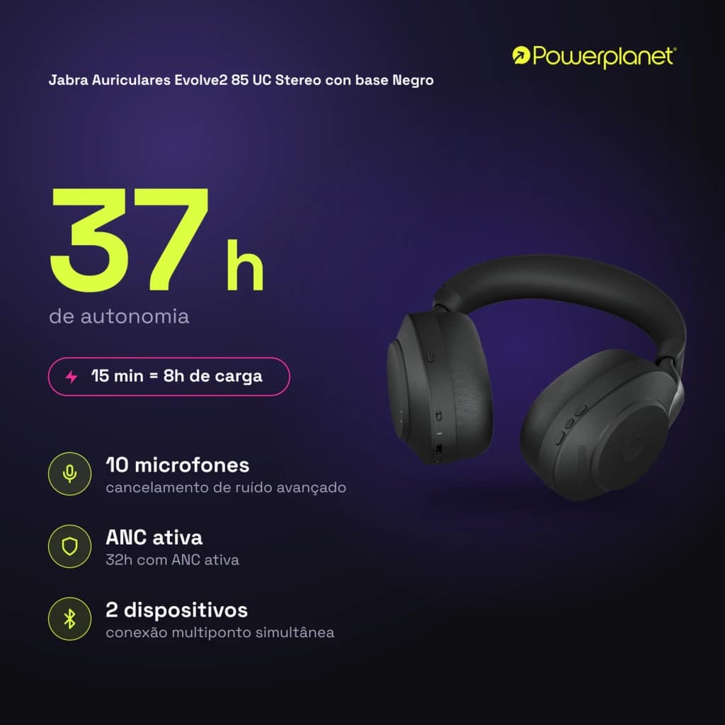 Jabra Auriculares Evolve2 85 UC Stereo con base negro - características
