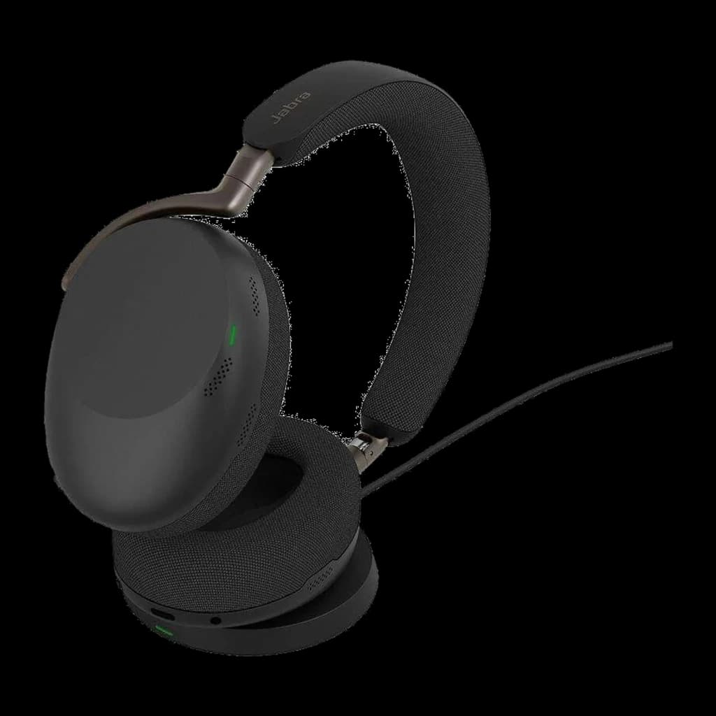 Jabra Evolve2 85 UC Stereo negro con base, vista lateral: auricular izquierdo y cable