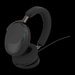 Jabra Evolve2 85 UC Stereo negro con base, vista lateral: auricular izquierdo y cable