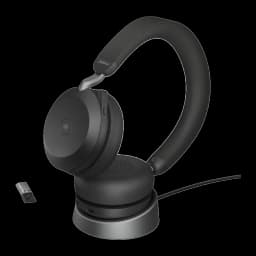 Jabra Evolve2 85 UC Stereo negro con base, vista frontal: auricular derecho y cable