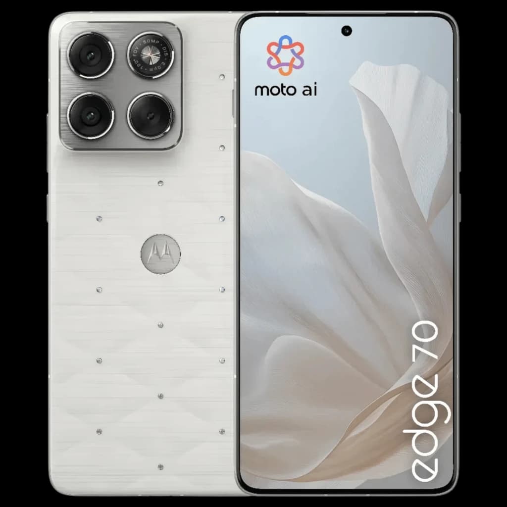 Motorola Edge 70 5G blanco PANTONE Cloud Dancer con cristales Swarovski, pantalla curva sin marcos, cámara triple trasera cuadrada, 12GB RAM y 512GB