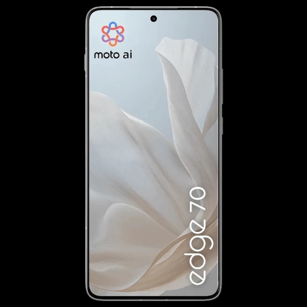 Motorola Edge 70 5G con pantalla frontal completa y cámara perforada centrada, diseño minimalista en tono claro, texto edge 70 y logo moto ai en la esquina