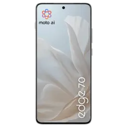 Motorola Edge 70 5G con pantalla frontal completa y cámara perforada centrada, diseño minimalista en tono claro, texto edge 70 y logo moto ai en la esquina