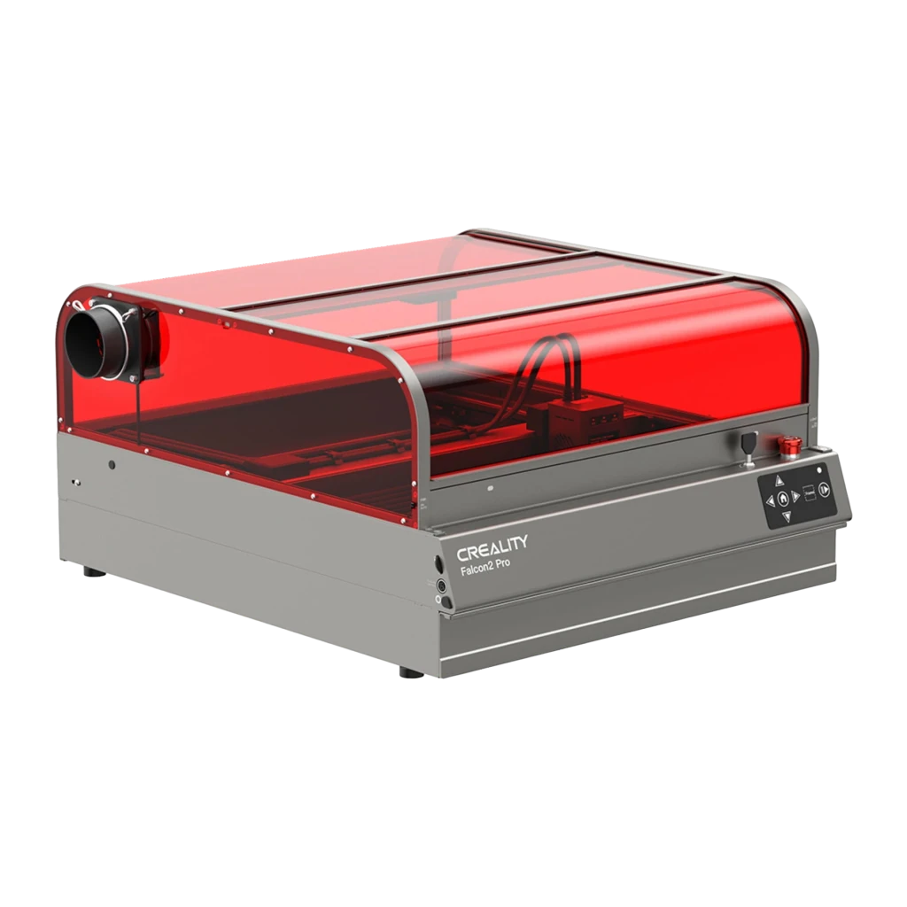 Graveur Laser Creality Falcon 2 Pro 60W 400x415mm, vue latérale: capot rouge translucide, extracteur latéral et panneau