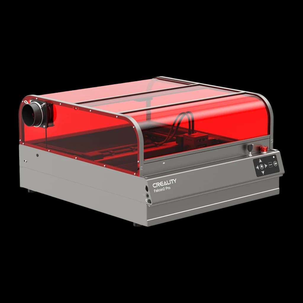 Graveur Laser Creality Falcon 2 Pro 60W 400x415mm, vue latérale: capot rouge translucide, extracteur latéral et panneau