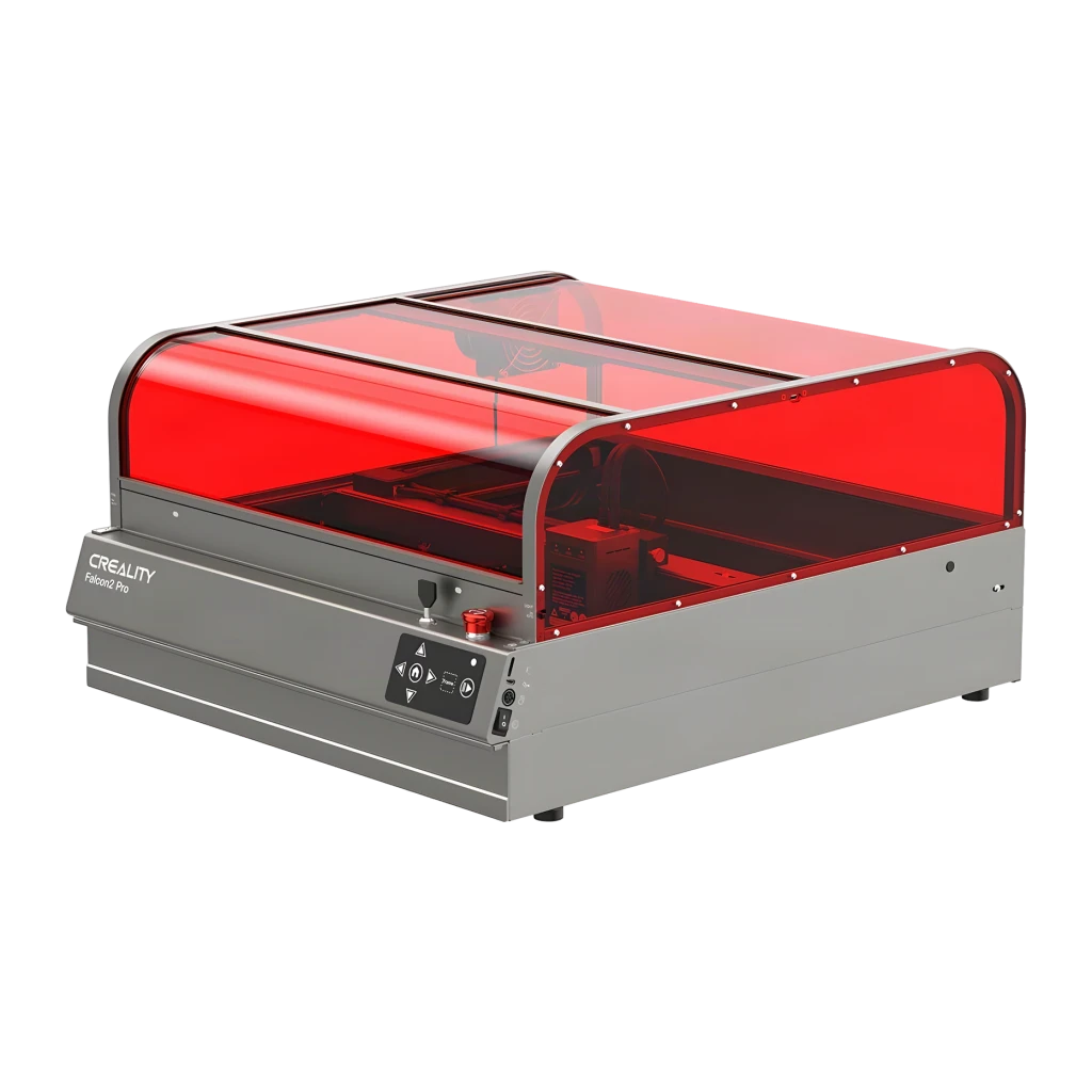 Graveur Laser Creality Falcon 2 Pro 60W 400x415mm, vue en angle: capot rouge translucide fermé et panneau de commande frontal