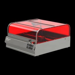 Graveur Laser Creality Falcon 2 Pro 60W 400x415mm, vue en angle: capot rouge translucide fermé et panneau de commande frontal