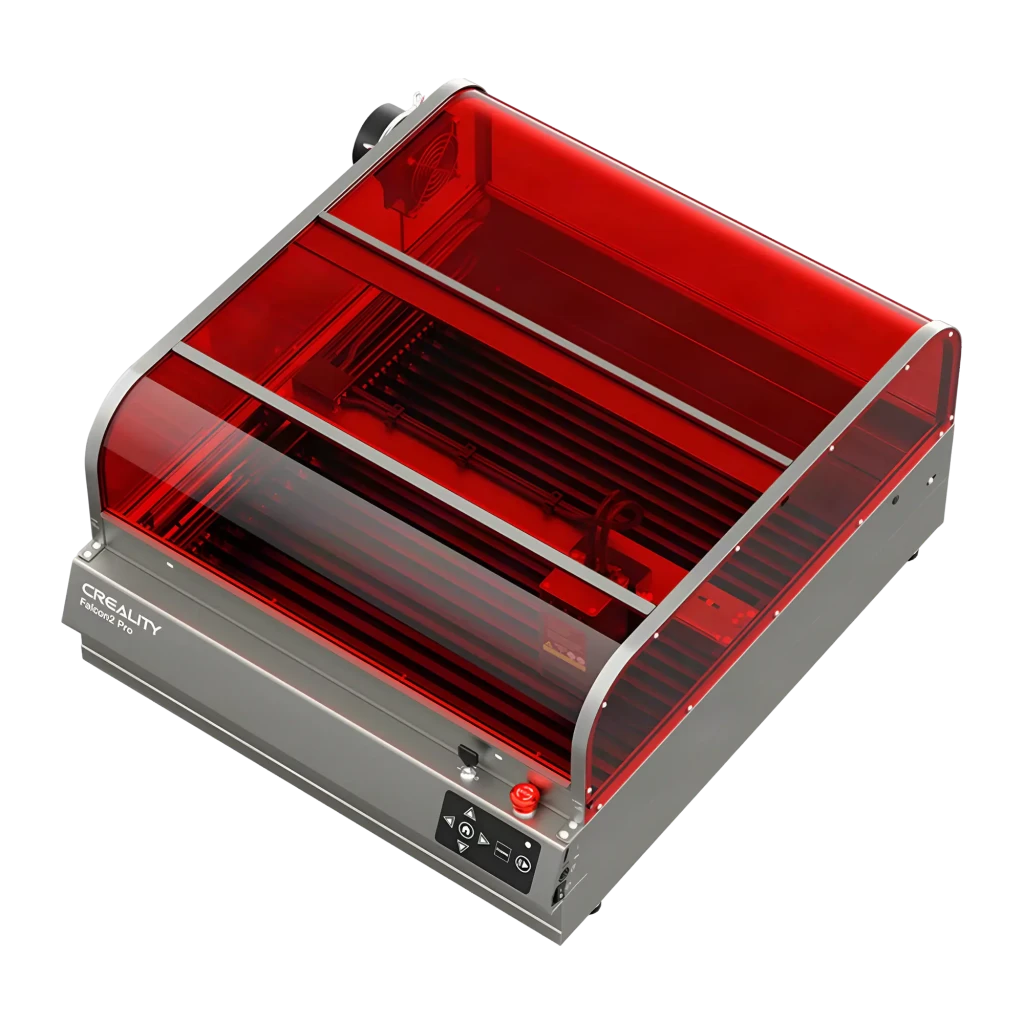 Graveur Laser Creality Falcon 2 Pro 60W 400x415mm, vue isométrique: capot rouge translucide, châssis métallique et panneau