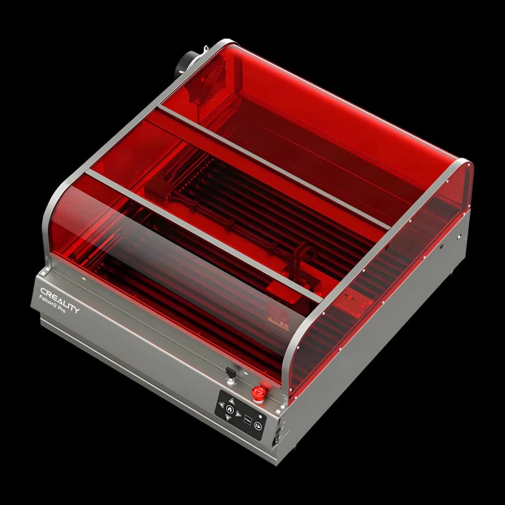 Graveur Laser Creality Falcon 2 Pro 60W 400x415mm, vue isométrique: capot rouge translucide, châssis métallique et panneau