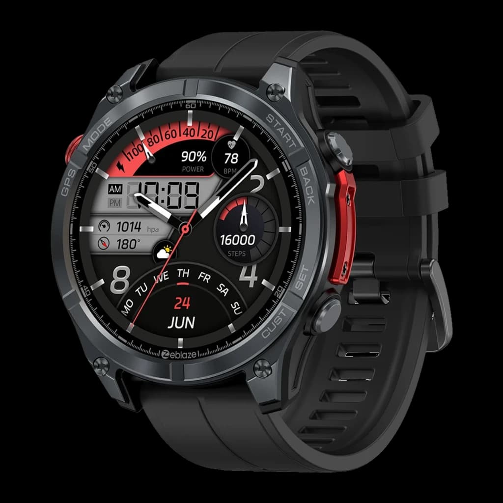 Zeblaze Stratos 4 Pro Preto com caixa robusta, botões vermelhos, pulseira de silicone, tela redonda multifunção, mapas offline e lanterna LED bicolor