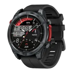 Zeblaze Stratos 4 Pro Preto com caixa robusta, botões vermelhos, pulseira de silicone, tela redonda multifunção, mapas offline e lanterna LED bicolor