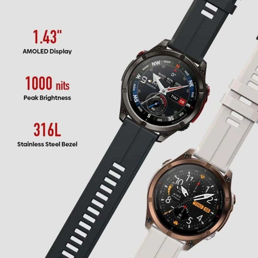 Zeblaze Stratos 4 Pro Preto com tela AMOLED 1,43 pol, brilho 1000 nits, moldura em aço 316L, mapas offline com orientação passo a passo e lanterna LED