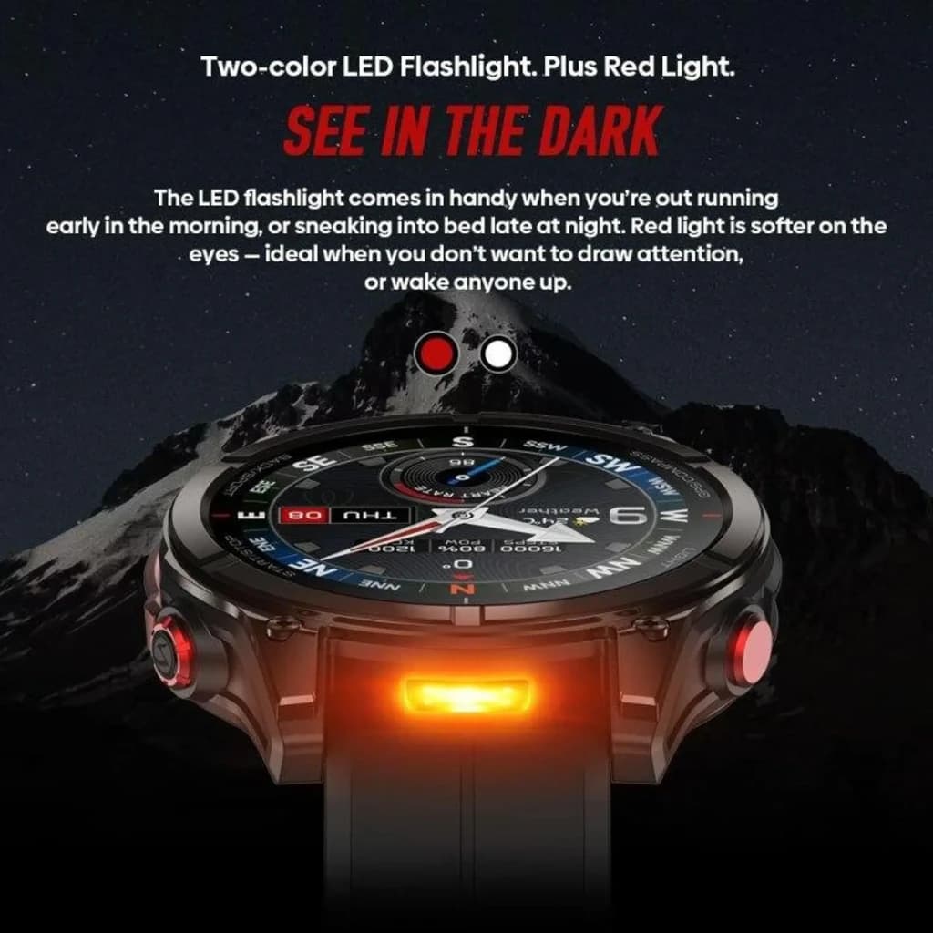Zeblaze Stratos 4 Pro Preto com mostrador esportivo, mapas offline, orientação passo a passo e lanterna LED bicolor com luz vermelha discreta