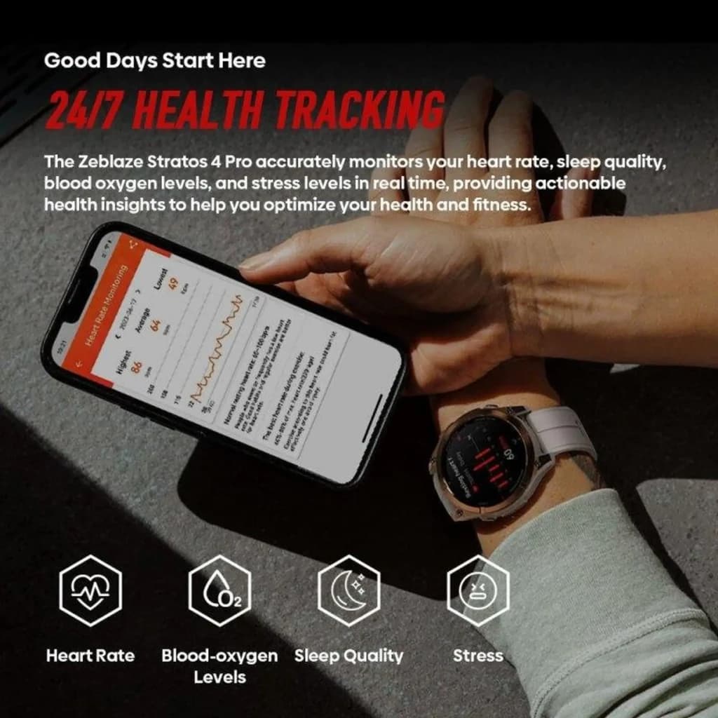 Zeblaze Stratos 4 Pro Preto com mostrador redondo, mapas offline e orientação passo a passo, lanterna LED bicolor, rastreio 24/7 e métricas de saúde
